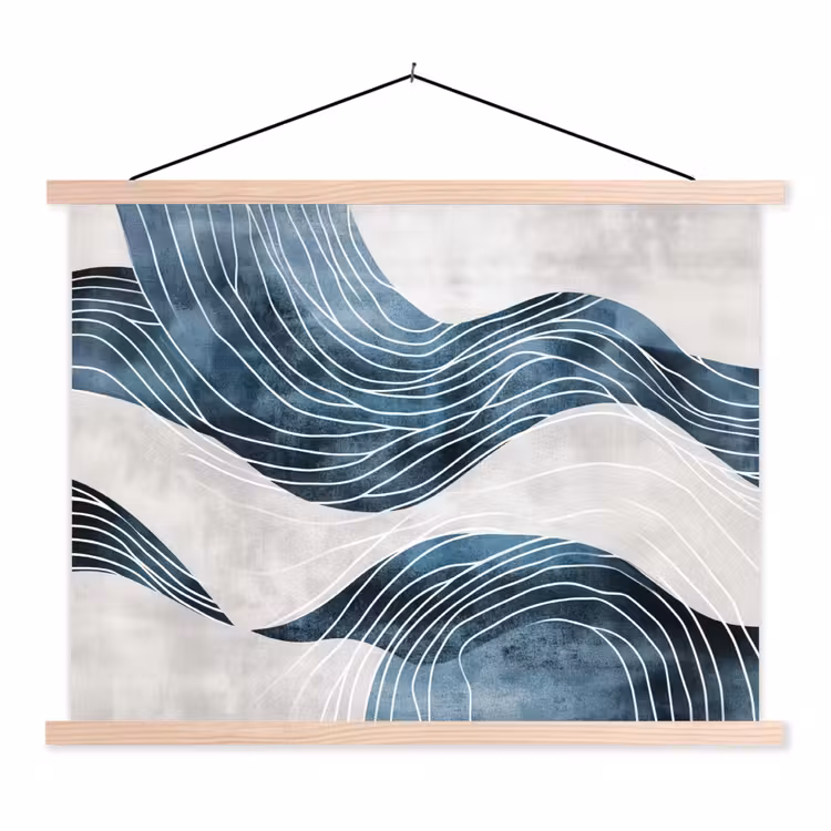 Lijnen - Golven - Abstract - Blauw textielposter latten blank klein -3d