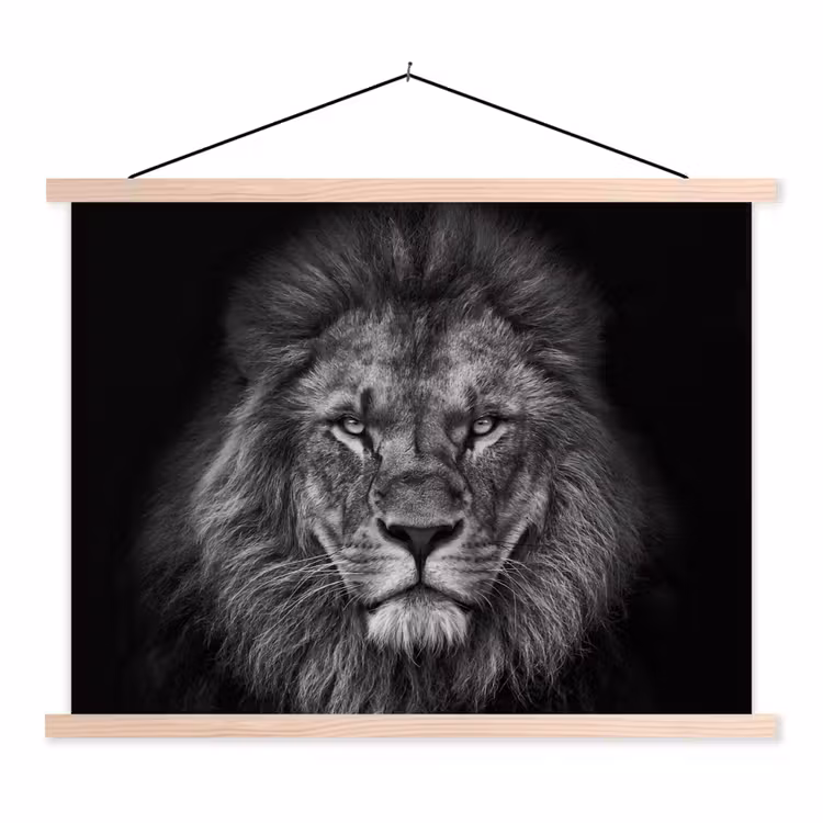 Leeuw - Dieren - Zwart - Wit textielposter latten blank klein -3d