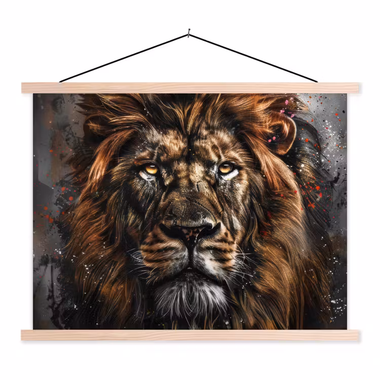 Leeuw - Dieren - Portret - Zwart - Luxe textielposter latten blank klein -3d