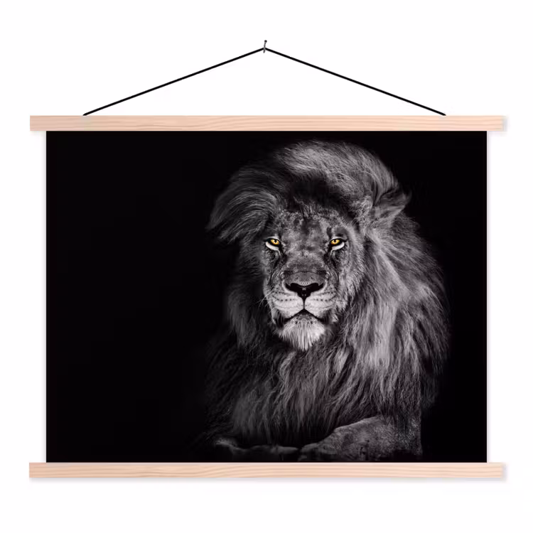 Leeuw - Ogen - Oranje - Zwart wit - Dieren - Portret textielposter latten blank klein -3d