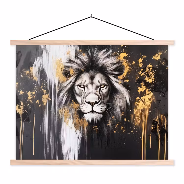Leeuw - Portret - Verfspatten - Grijs textielposter latten blank klein -3d