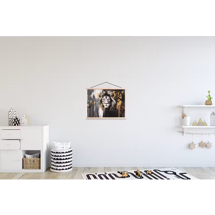 Leeuw - Portret - Verfspatten - Grijs textielposter latten blank klein -kinderkamer