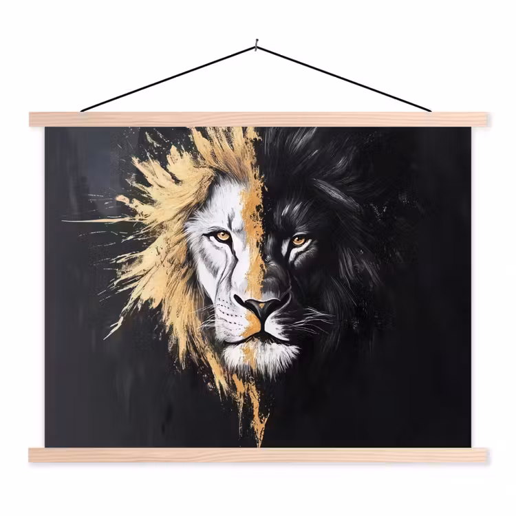 Leeuw - Gesplitst - Zwart - Lijn textielposter latten blank klein -3d