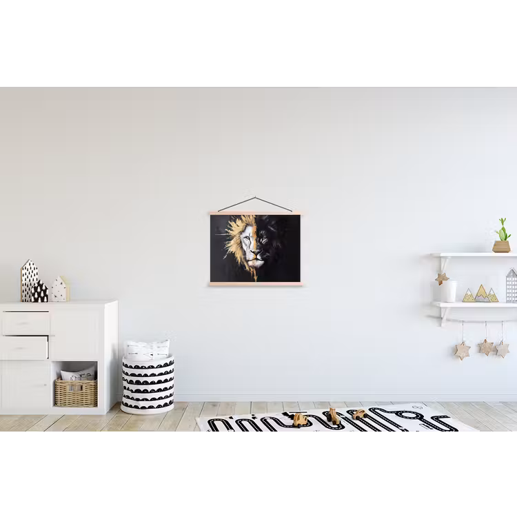 Leeuw - Gesplitst - Zwart - Lijn textielposter latten blank klein -kinderkamer