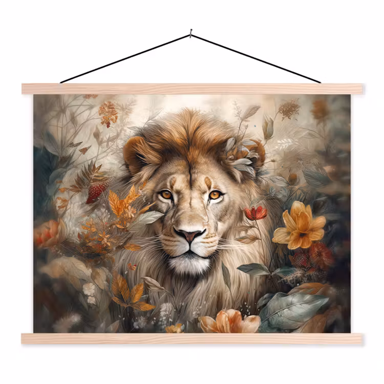Leeuw - Wilde dieren - Planten - Natuur - Bloemen textielposter latten blank klein -3d