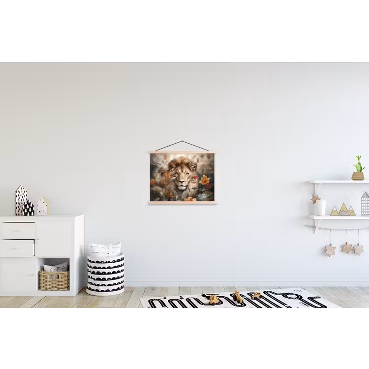 Leeuw - Wilde dieren - Planten - Natuur - Bloemen textielposter latten blank klein -kinderkamer