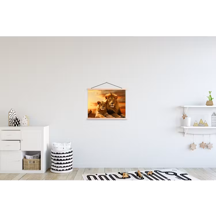 Leeuwen - Zonsondergang - Afrika - Savanne - Dieren textielposter latten blank klein -kinderkamer