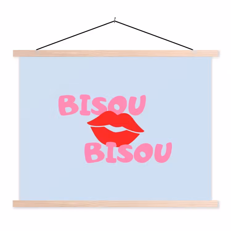 Lippen - Bisou - Blauw textielposter latten blank klein -3d