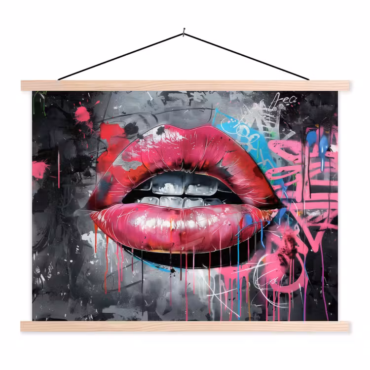 Lippen - Felroze - Graffiti - Verfstrepen textielposter latten blank klein -3d