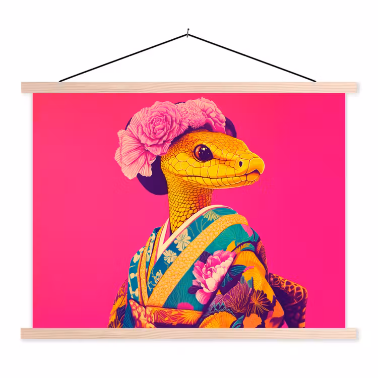 Hagedis - Bloemen - Roze - Kimono textielposter latten blank klein -3d