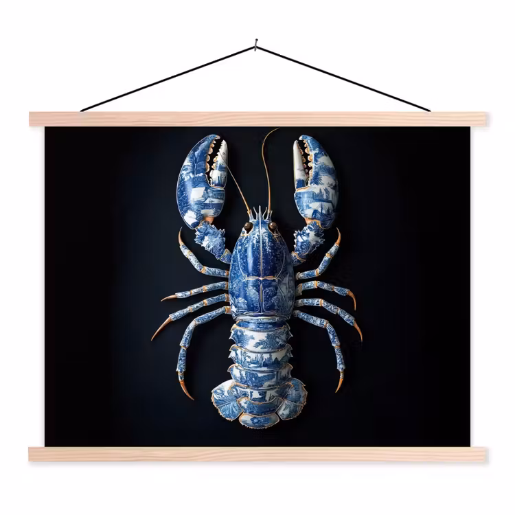 Kreeft - Delftsblauw - Schild - Stoer textielposter latten blank klein -3d