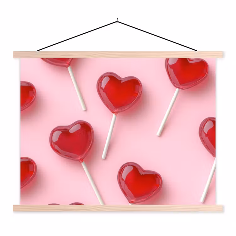 Lollies - Hartjes - Roze textielposter latten blank klein -3d