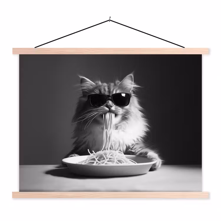 Langharige kat - Zonnebril - Spaghetti - Humor - Zwart - wit textielposter latten blank klein -3d