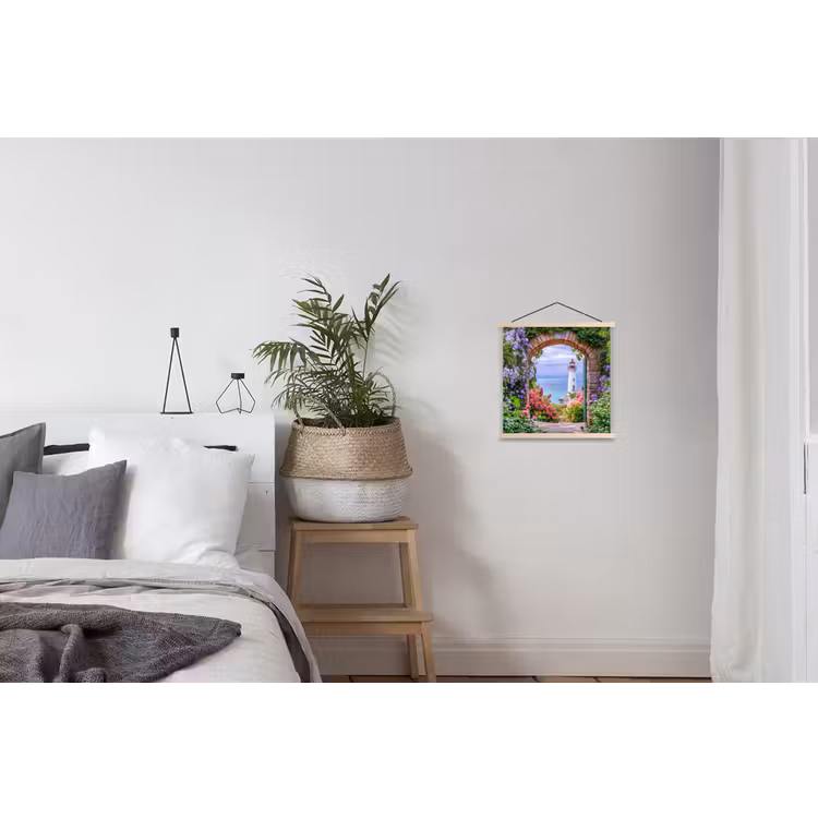 Doorkijk - Vuurtoren - Bloemen - Uitzicht textielposter latten blank klein -woonkamer