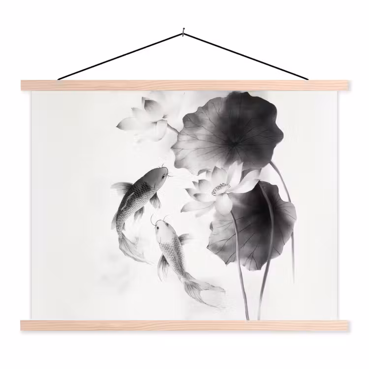Lotusbloemen - Vissen - Bladeren - Zwart textielposter latten blank klein -3d
