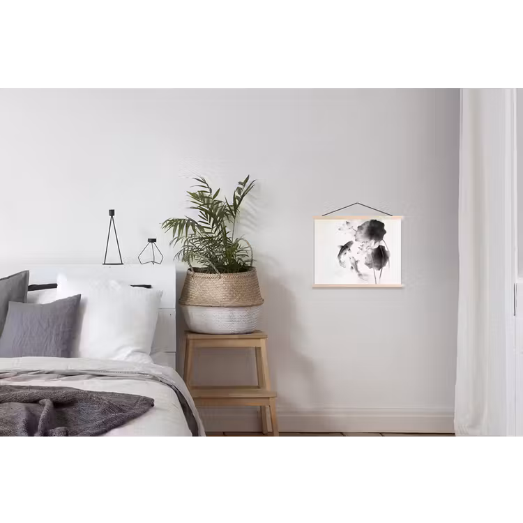 Lotusbloemen - Vissen - Bladeren - Zwart textielposter latten blank klein -woonkamer