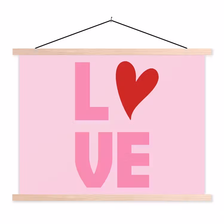 Love - Roze - Hart - Valentijn textielposter latten blank klein -3d