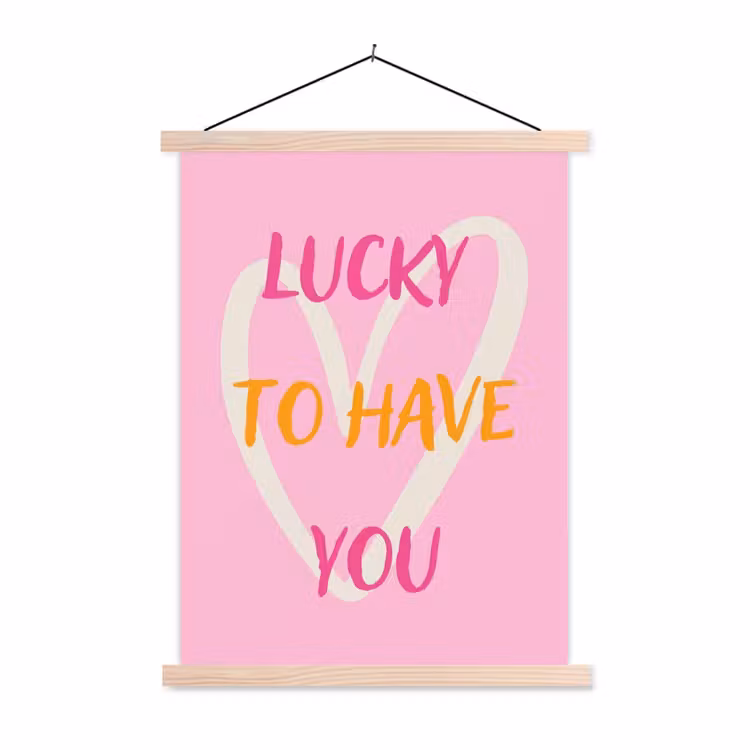 Lucky - Love - Valentijn - Roze textielposter latten blank klein -3d