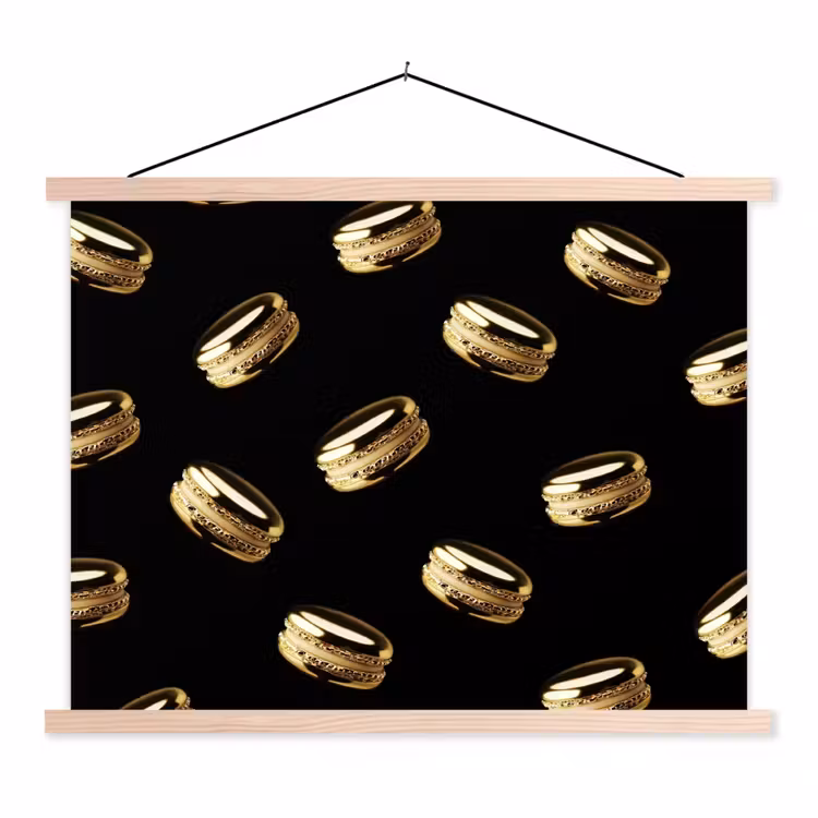Macarons - Patroon - Goud - Zwart textielposter latten blank klein -3d