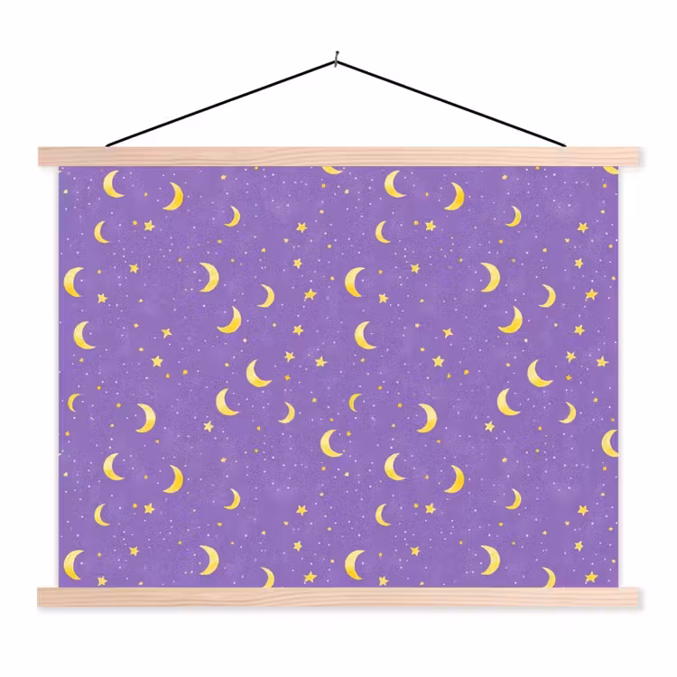 Manen - Sterren - Paars textielposter latten blank klein 122 -3d