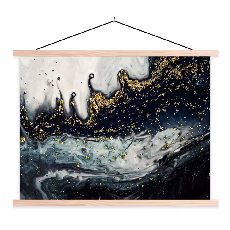 Abstracte vormen uit de natuur met witte en gouden en donkere kleuren textielposter latten blank klein -3d