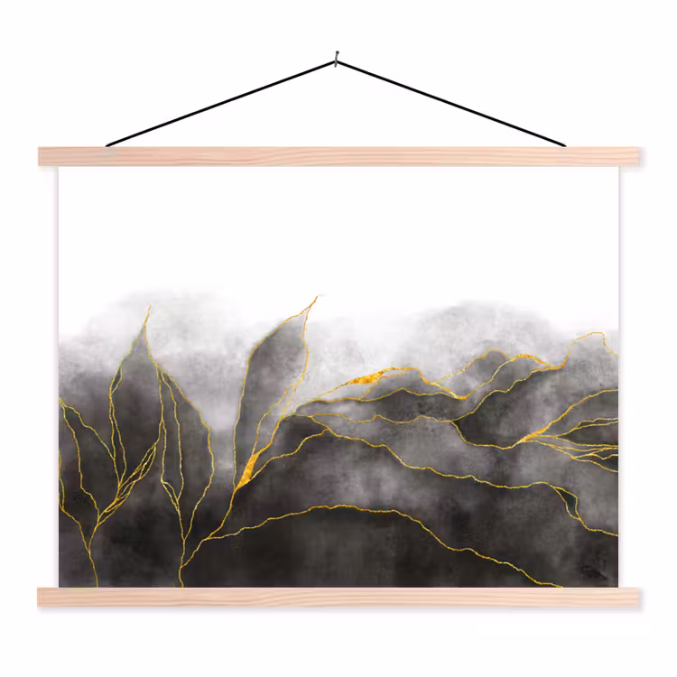 Marmer - Zwart - Goud - Luxe - Marmerlook textielposter latten blank klein -3d