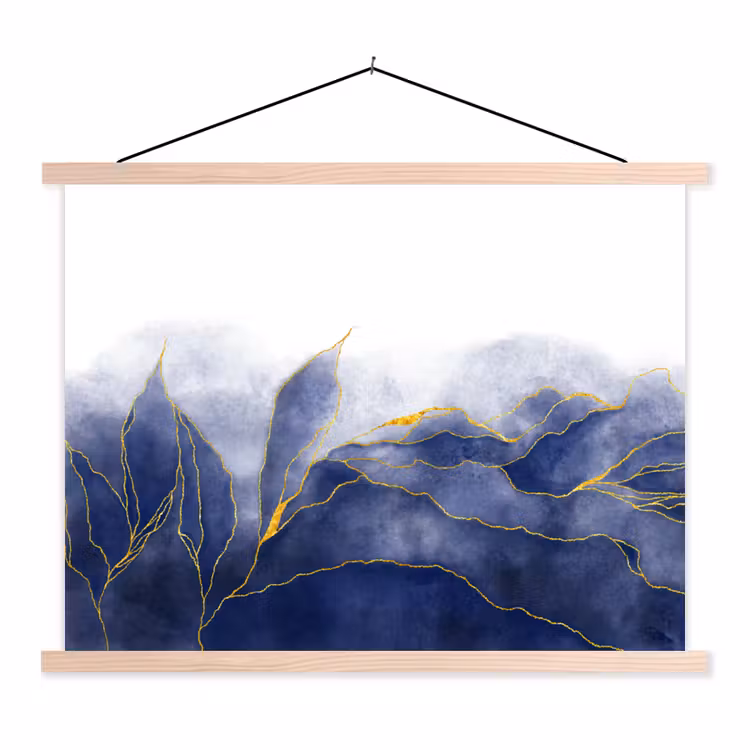 Marmer - Blauw - Marmerlook - Goud - Textuur textielposter latten blank klein -3d