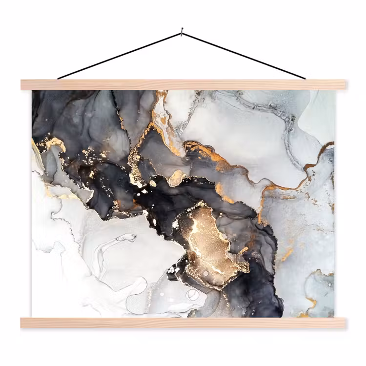Marmer - Goud - Abstract - Zwart Wit - Luxe textielposter latten blank klein -3d