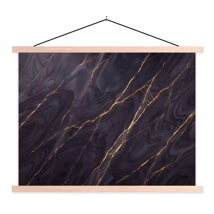 Marmer - Goudaders - Abstract - Modern - Zwart textielposter latten blank klein -3d