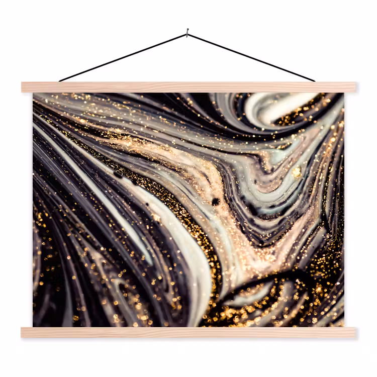Marmerlook - Zwart - Goud - Wit - Glitter - Marmer textielposter latten blank klein -3d