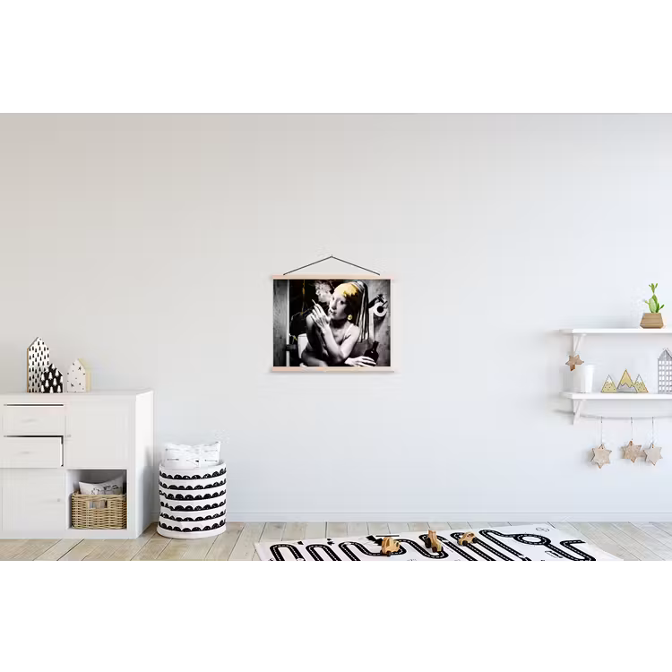 Marmerlook - Meisje met de parel - Sigaretten - Toilet - Goud - Kunst - Oude meesters textielposter latten blank klein -kinderkamer