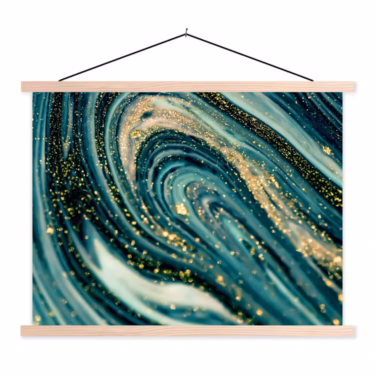 Marmerlook - Luxe - Goud - Turquoise - Glitter textielposter latten blank klein -3d