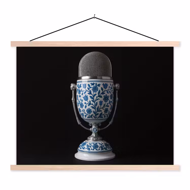 Microfoon - Delfts blauw - Muziek textielposter latten blank klein -3d