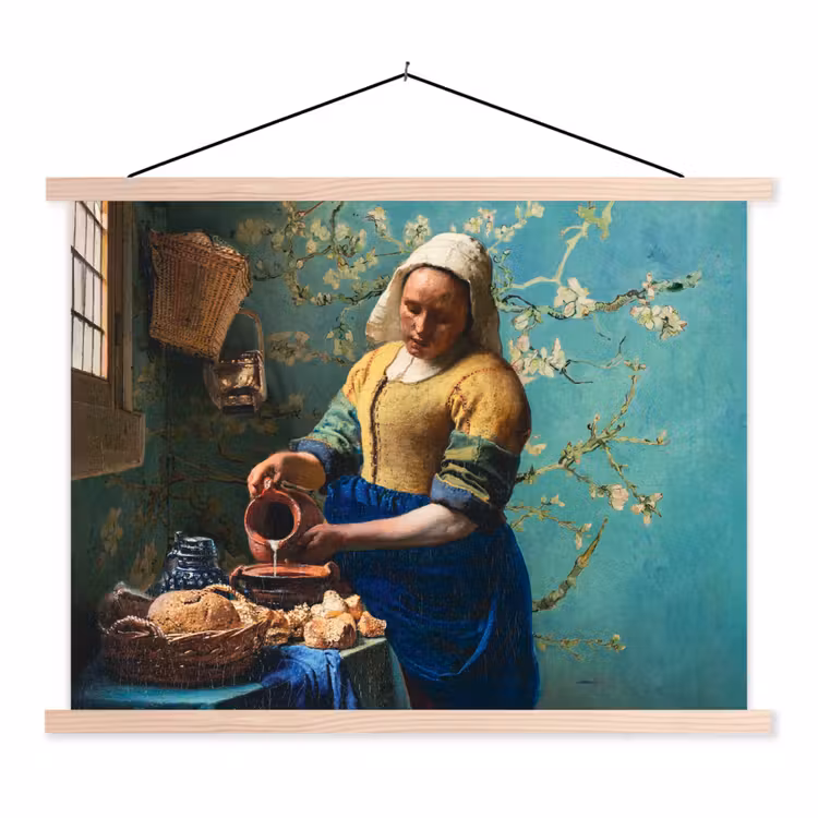 Melkmeisje - Amandelbloesem - Van Gogh - Vermeer - Schilderij - Oude meesters textielposter latten blank klein -3d