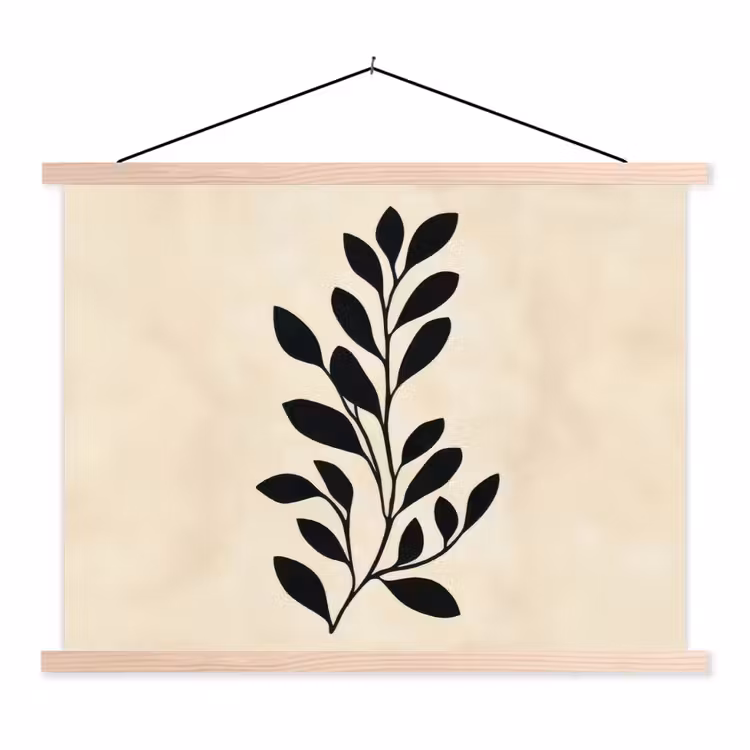 Minimalistisch - Tak - Bladeren - Zwart textielposter latten blank klein -3d