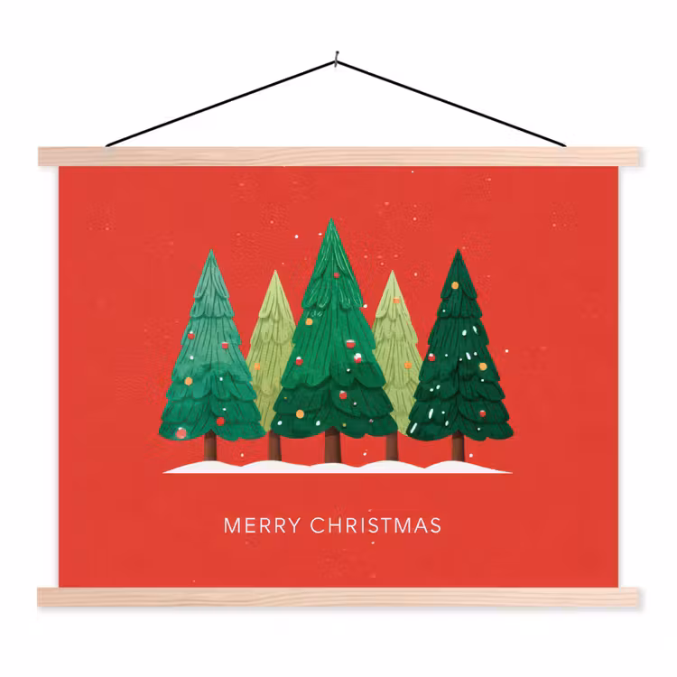 Minimalistisch - Kerstbomen - Rood - Sneeuw textielposter latten blank klein -3d