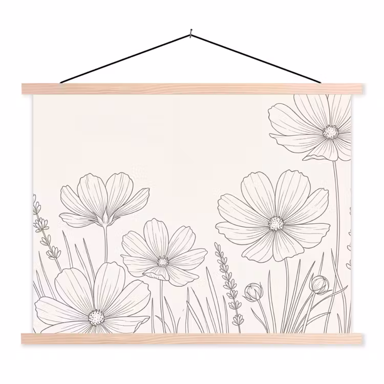 Minimalistisch - Modern - Bloemen - Beige textielposter latten blank klein -3d