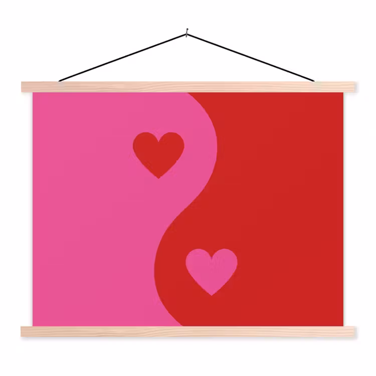 Minimalistisch - Rood - Roze - Hartjes textielposter latten blank klein -3d