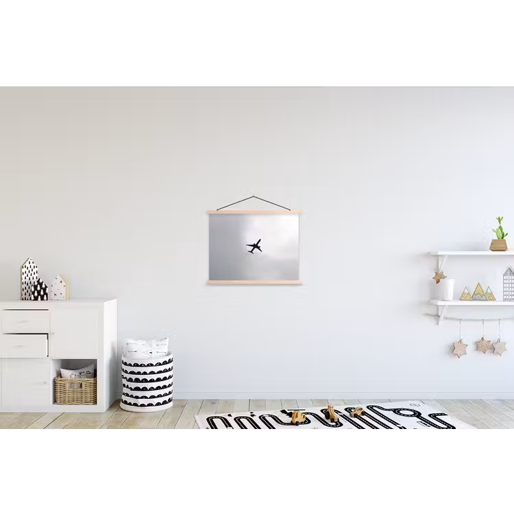 Minimalistisch - Silhouet - Zwart - Vliegtuig textielposter latten blank klein -kinderkamer
