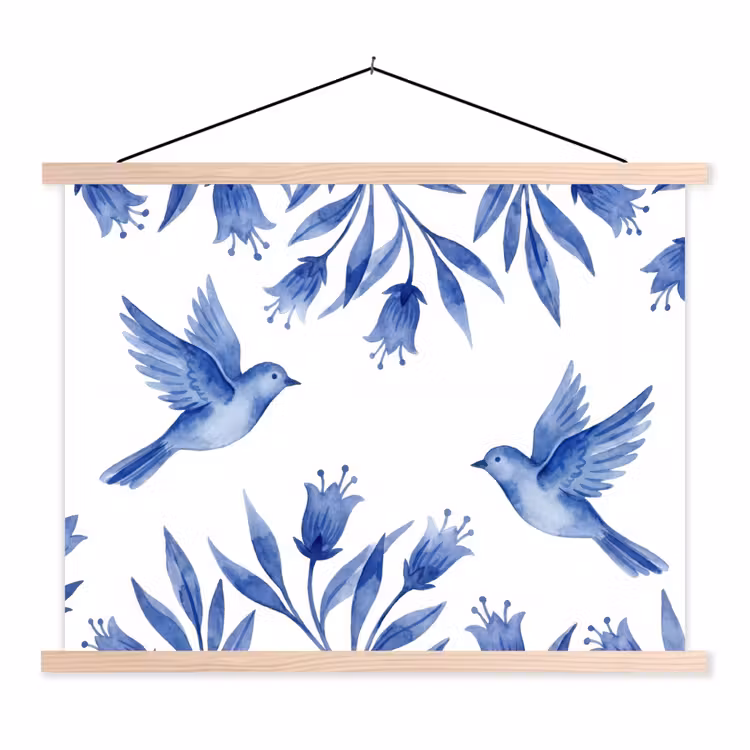 Modern - Vogels - Delfts - Blauw textielposter latten blank klein -3d