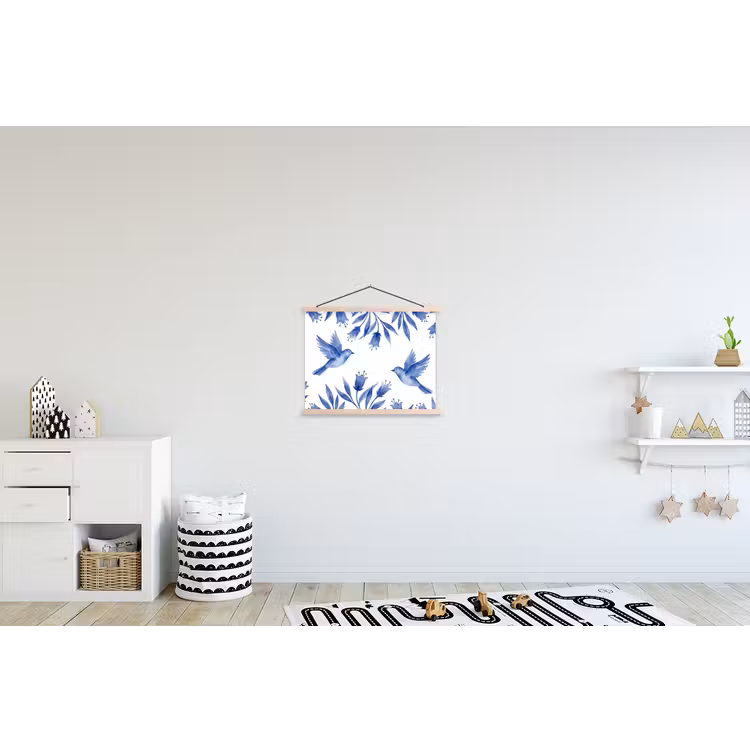 Modern - Vogels - Delfts - Blauw textielposter latten blank klein -kinderkamer