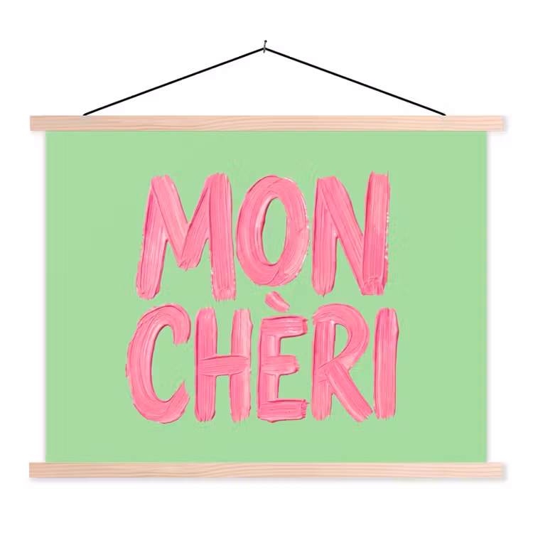 Mon cheri - Groen - Roze textielposter latten blank klein -3d