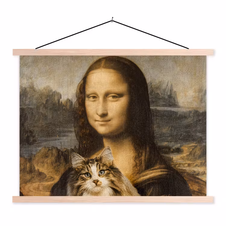 Mona Lisa - Kat - Leonardo da Vinci - Vintage - Kunstwerk - Oude meesters - Schilderij textielposter latten blank klein -3d