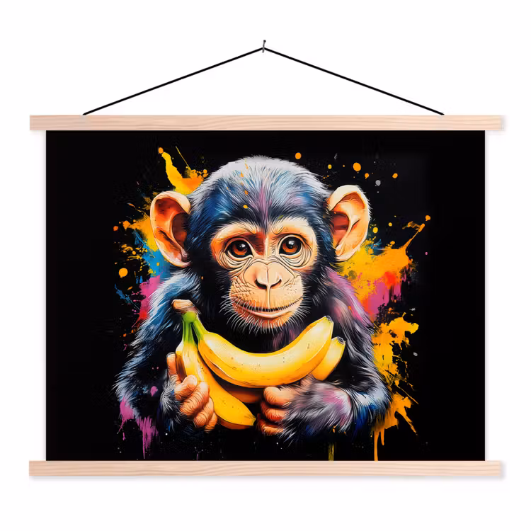 Aap - Graffiti - Kleurrijk - Bananen - Modern textielposter latten blank klein -3d