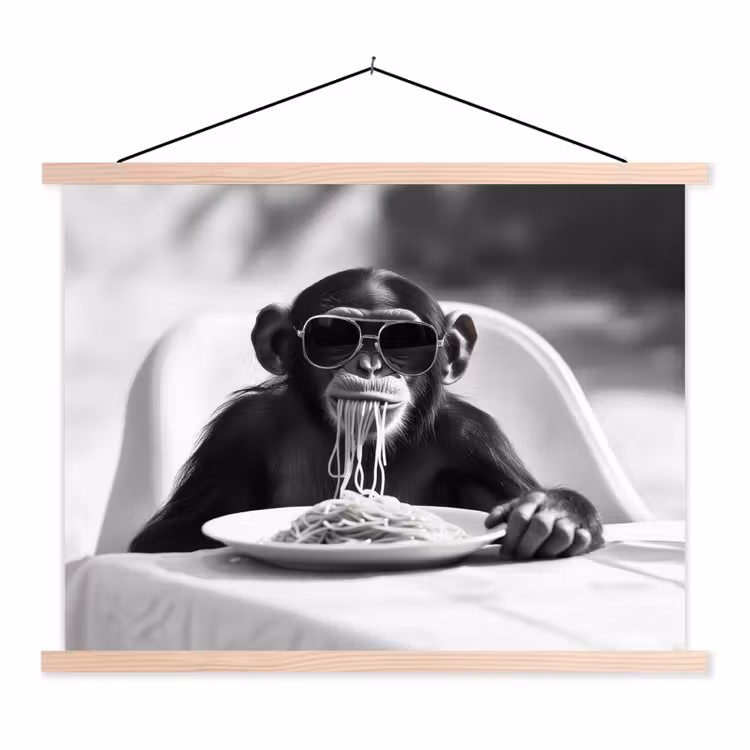 Aap - Spaghetti - Zonnebril - Zwart wit - Cool - Dier textielposter latten blank klein -3d