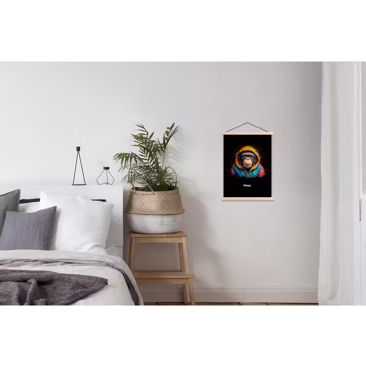 Aap met kleurrijk vest textielposter latten blank klein -woonkamer