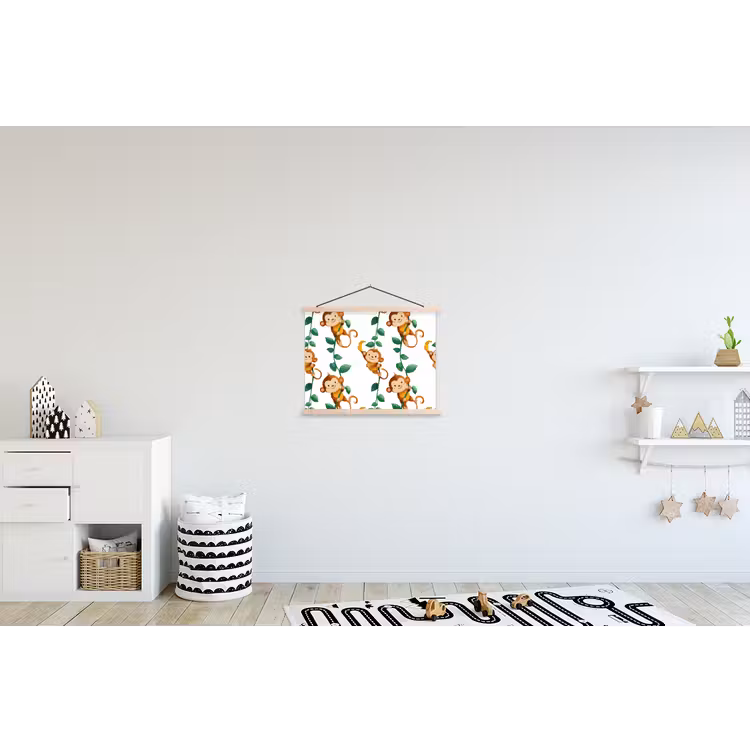 Apen - Lianen - Kleurrijk textielposter latten blank klein 122 -kinderkamer