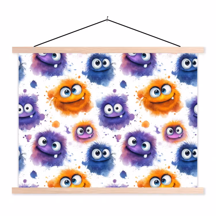 Monstertjes - Aquarel - Kleurrijk textielposter latten blank klein 122 -3d