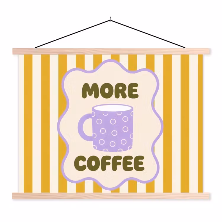 More coffee - Geel - Paars - Strepen - Mok textielposter latten blank klein -3d