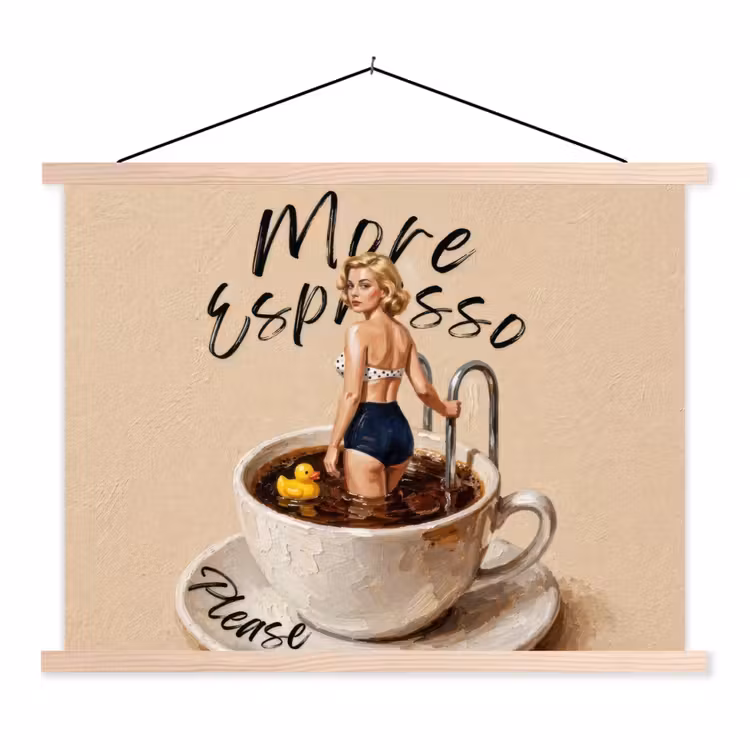 More espresso - Koffie - Eend textielposter latten blank klein -3d
